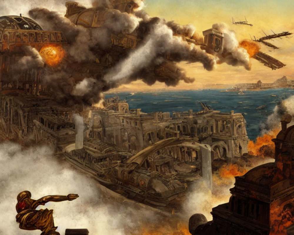 Dystopian scene: Flying vehicles attack ancient Roman ruins amid fire and smoke