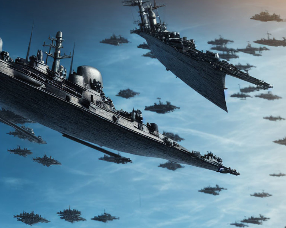 Futuristic warships in formation against blue sky with clouds