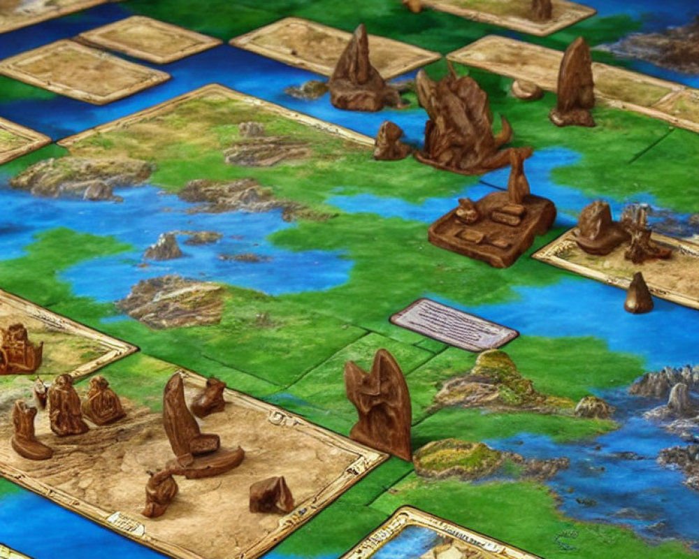 Board Game with 3D Terrain: Mountain Peaks, Temples, Forests on Blue & Green