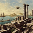 Ancient city ruins with broken columns by water and airships in clear sky