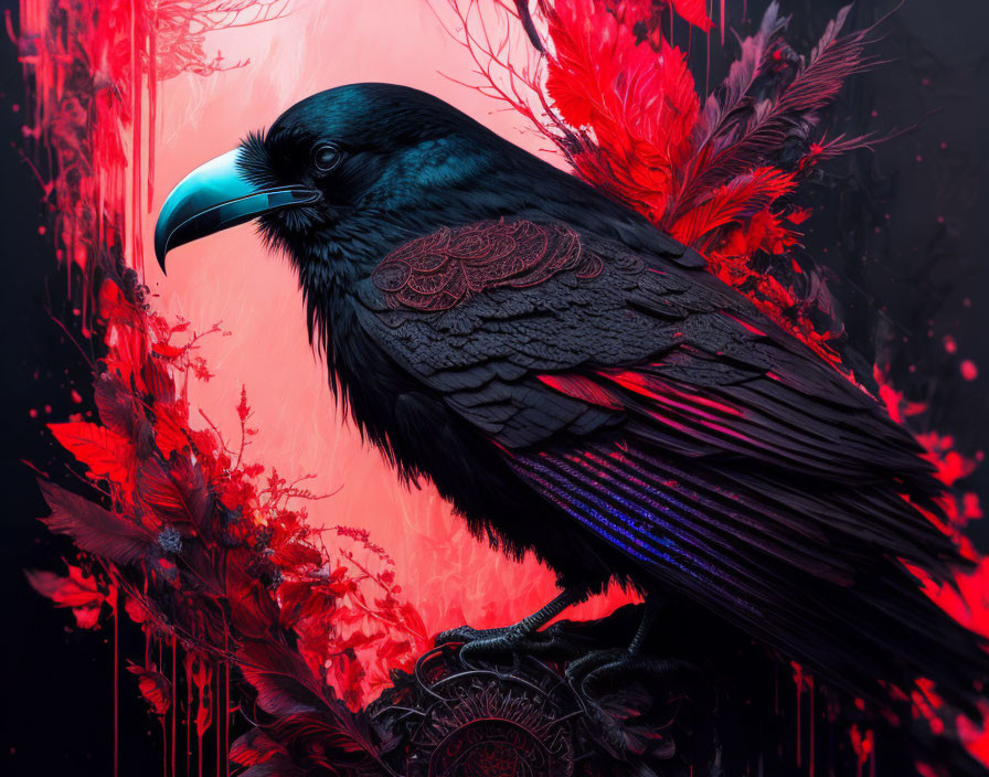 Detailed Raven with Red and Black Plumage on Vibrant Red Background