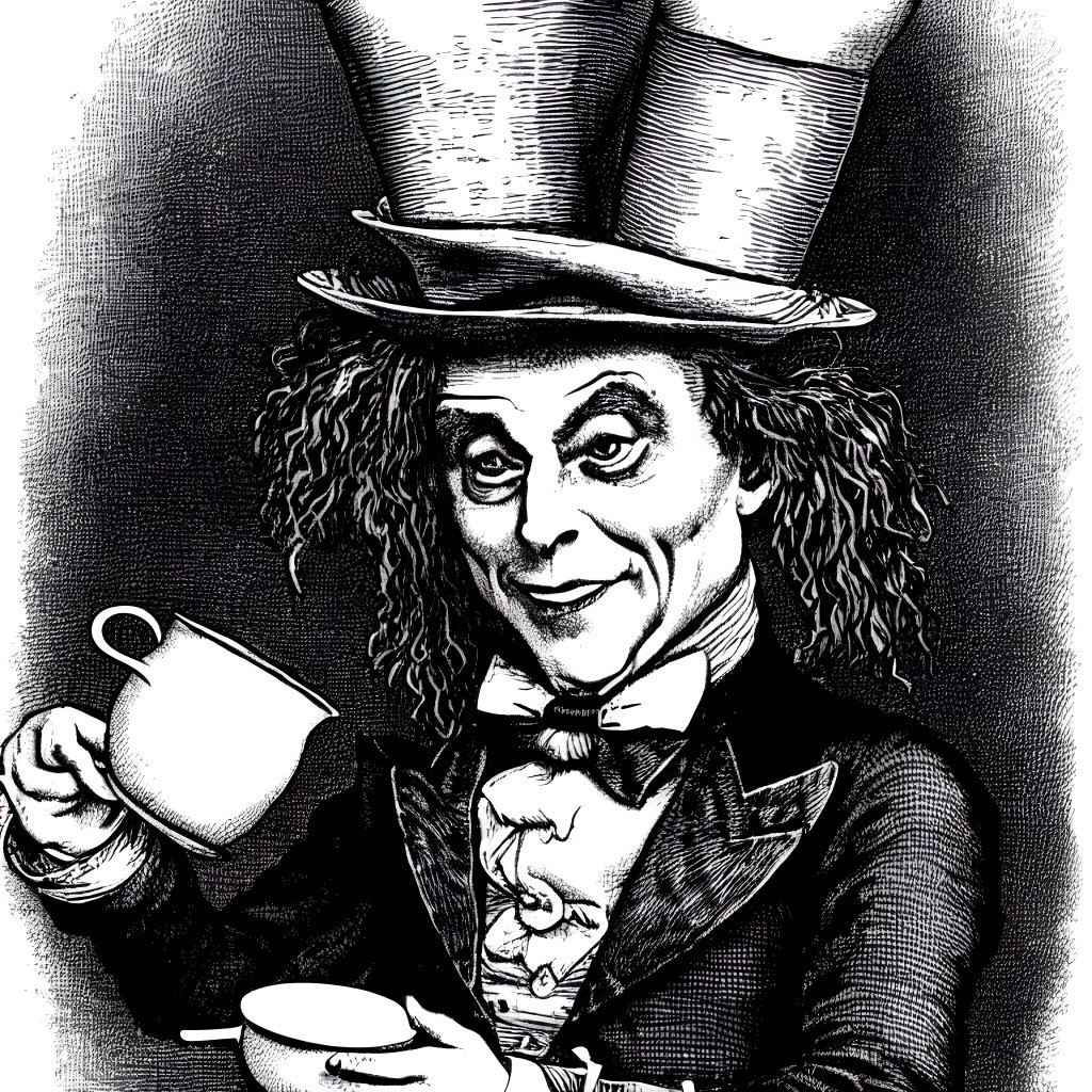 Monochrome drawing of a whimsical man with curly hair, top hat, and bow tie