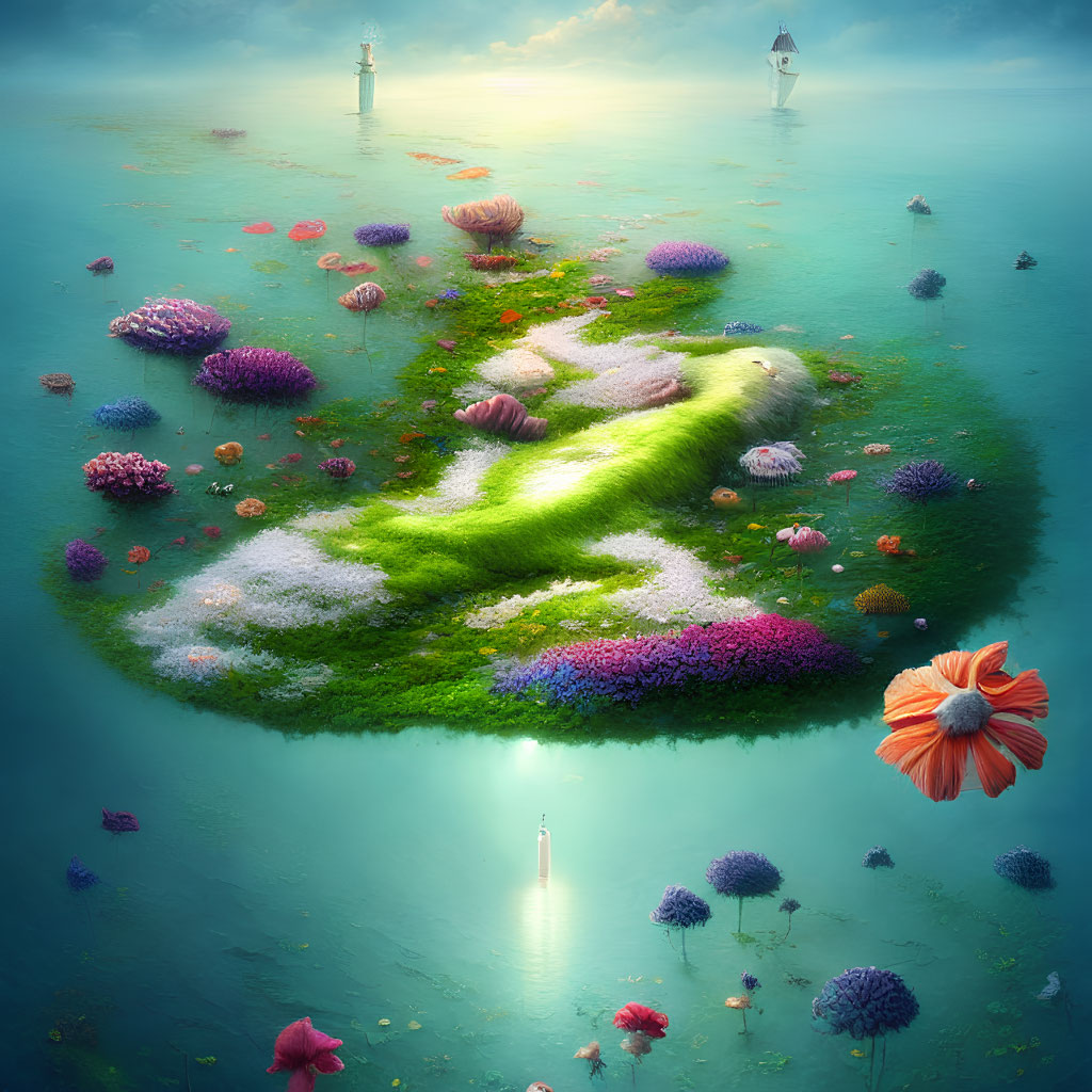 Tranquil Fantasy Landscape with Island, Flowers, Boats, and Lighthouse