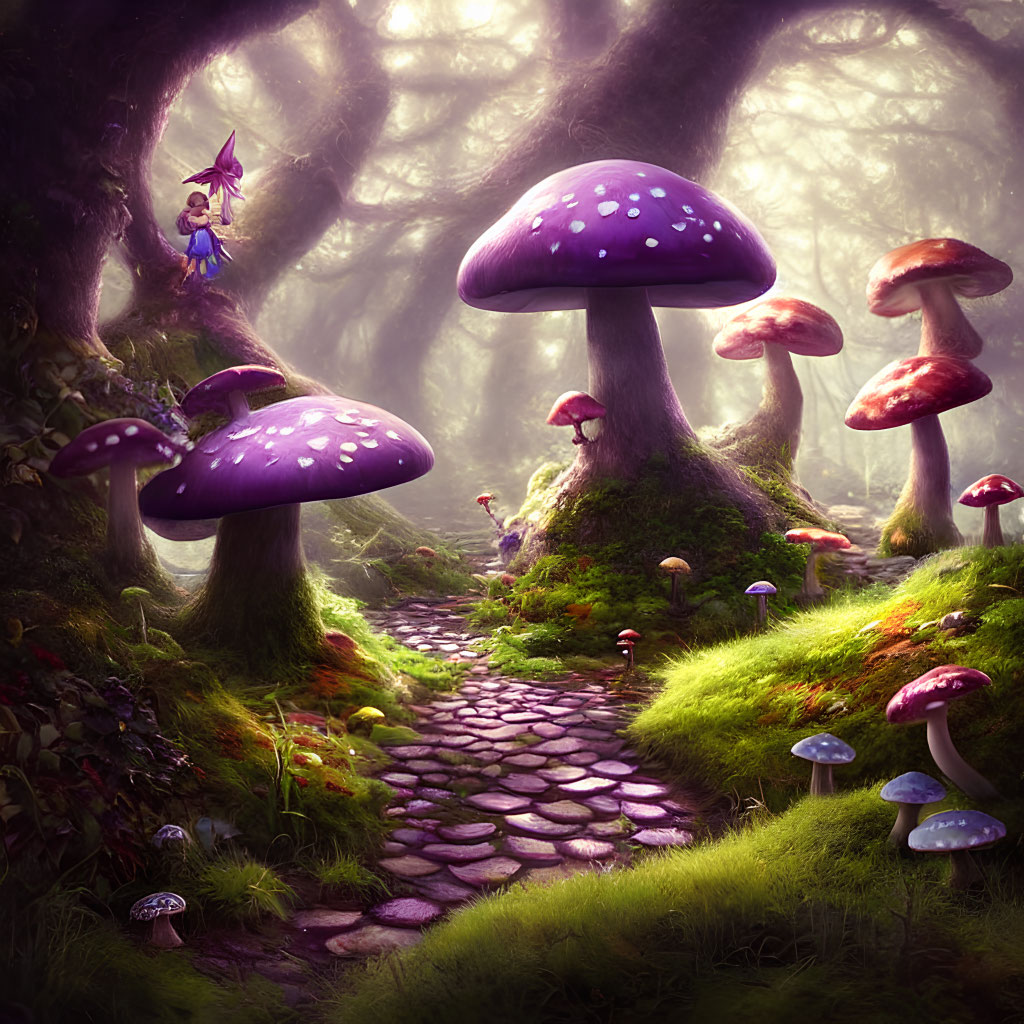 Mystical forest scene with oversized mushrooms and fairy in foggy glow