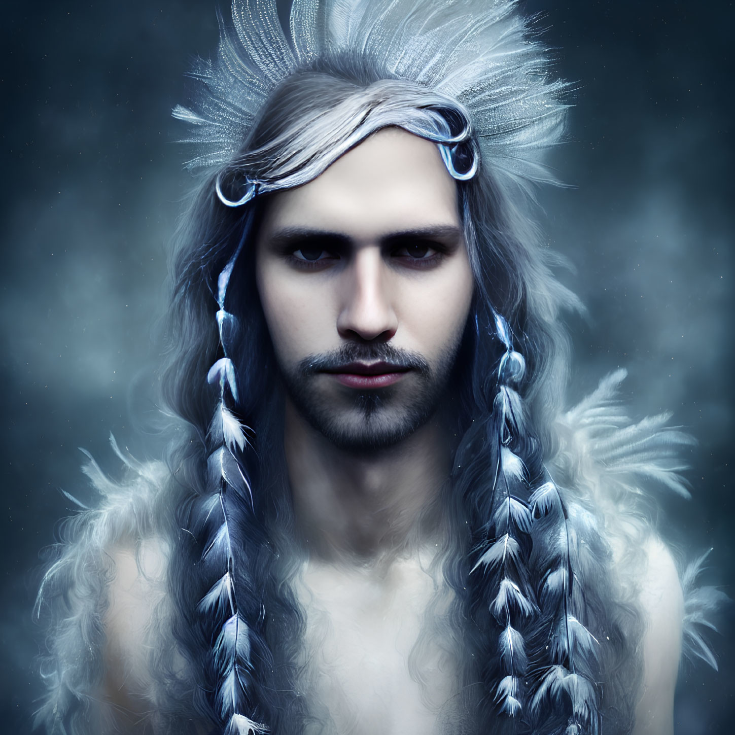 Intense individual with braided hair in feathered headdress in mystical setting