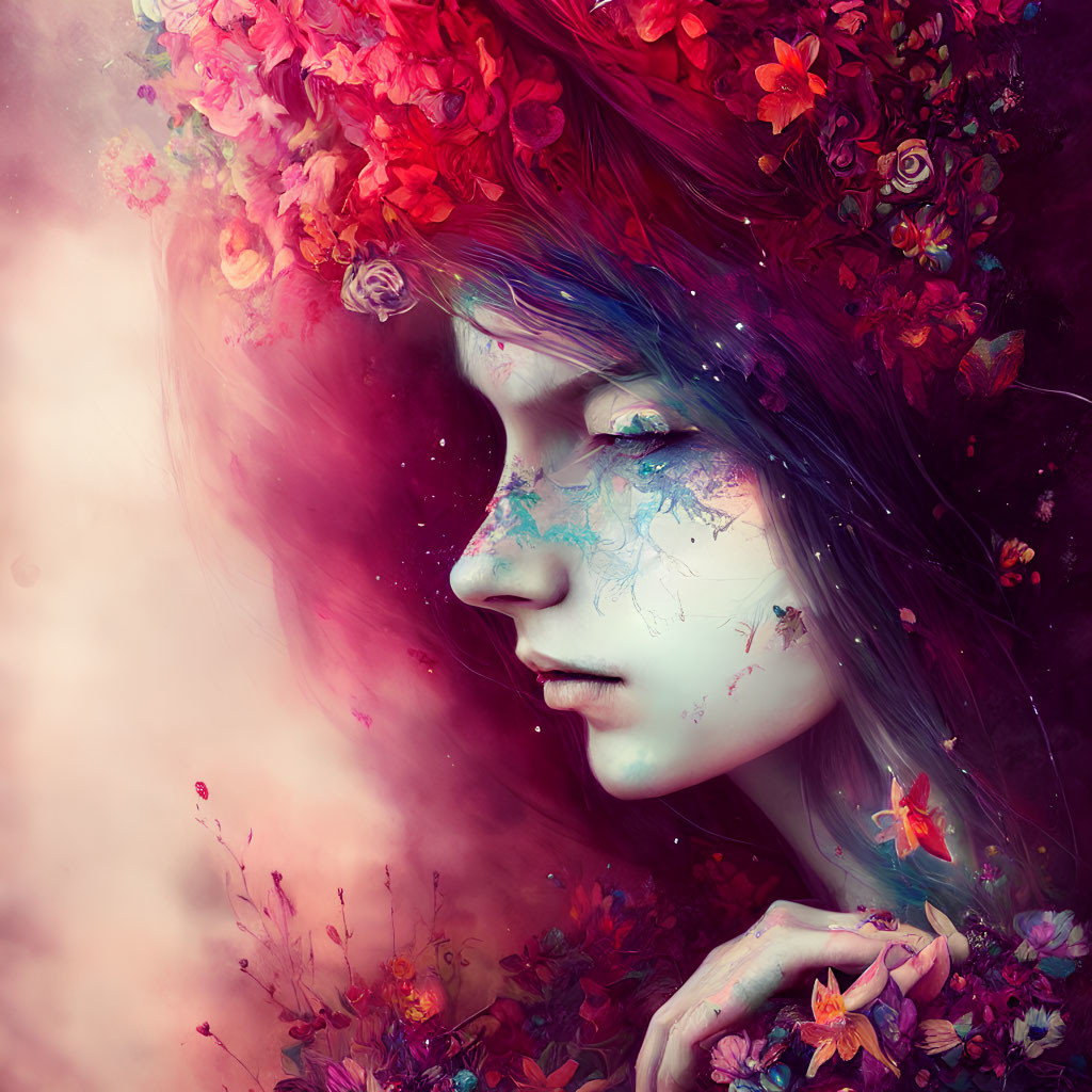 Colorful portrait with floral headdress and cosmic texture on whimsical background