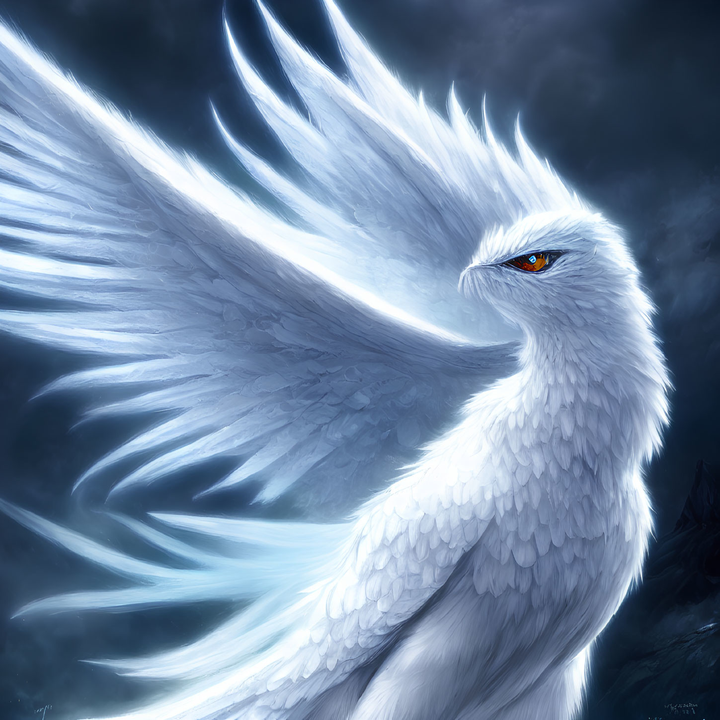 White Bird with Glowing Orange Eyes and Detailed Wings in Stormy Scene