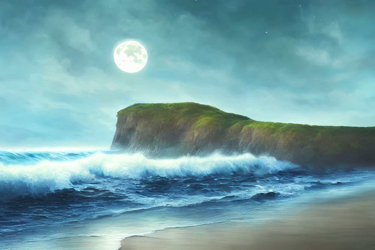 Full Moon Night Seascape with Waves Crashing on Grass Cliff