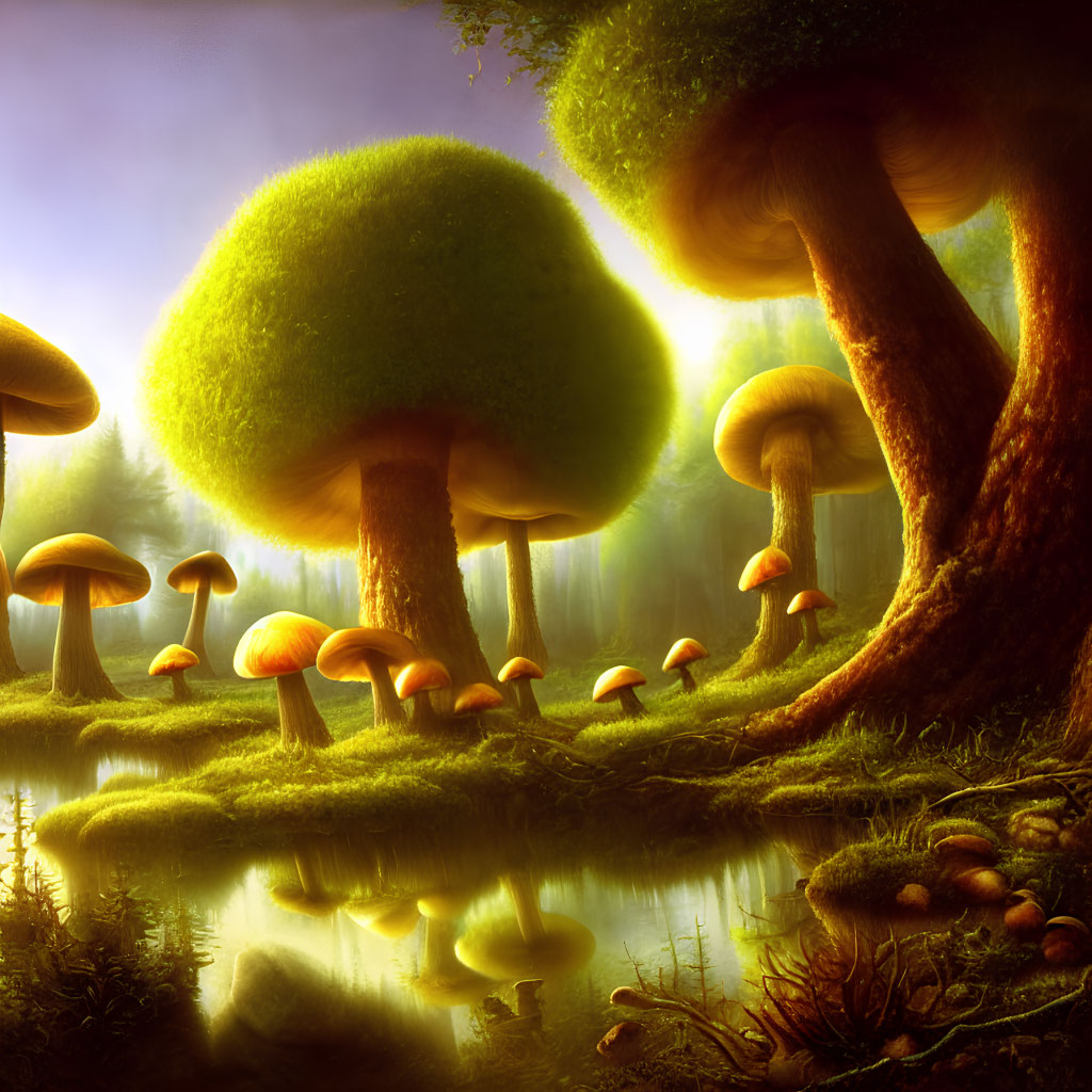 Enchanting forest landscape with giant mushroom trees by serene pond