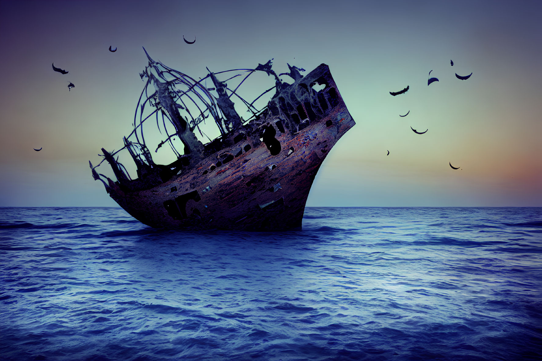 Ocean shipwreck at dusk with birds and gradient sky