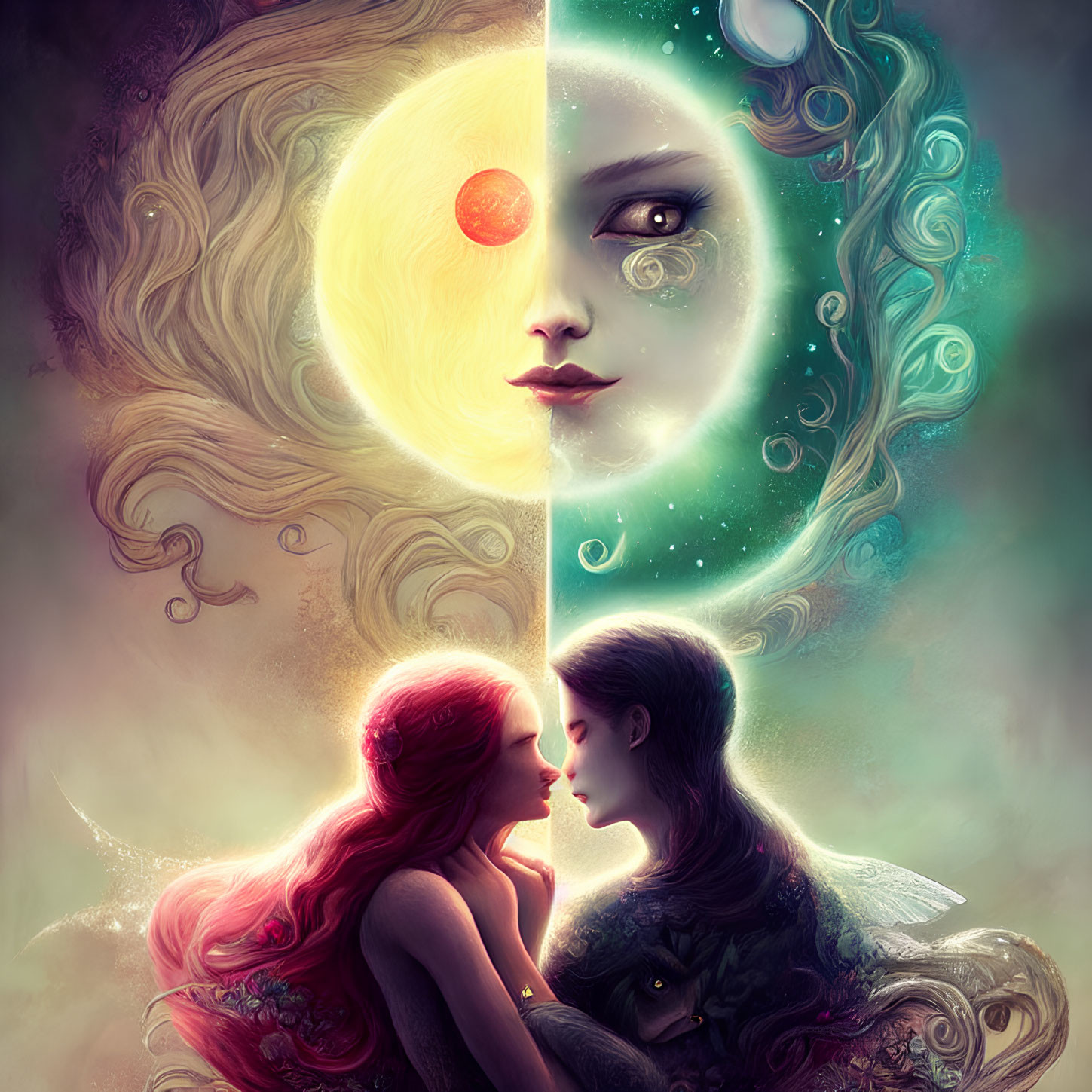 Ethereal figures embrace under sun and moon visage in cosmic dance