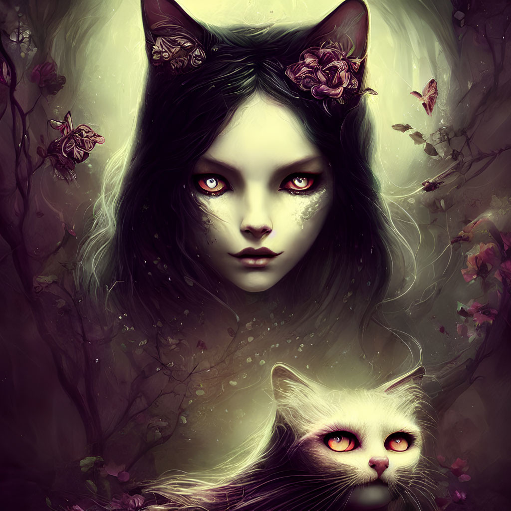 Illustration of girl with cat-like features and red eyes next to white cat in mystical, verdant