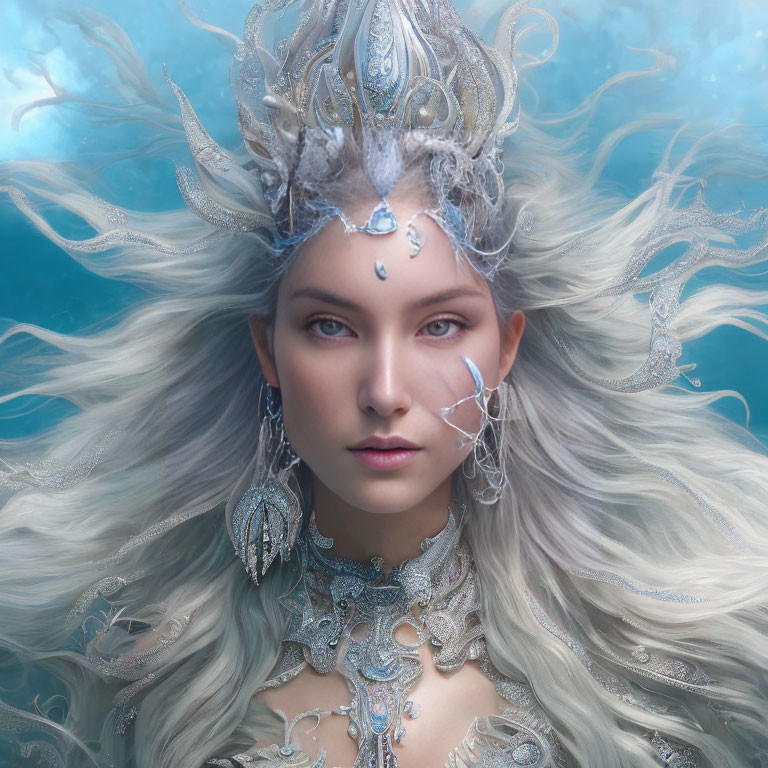 Fantasy portrait of woman with silver-white hair, intricate crown, jewels, and armor on blue backdrop