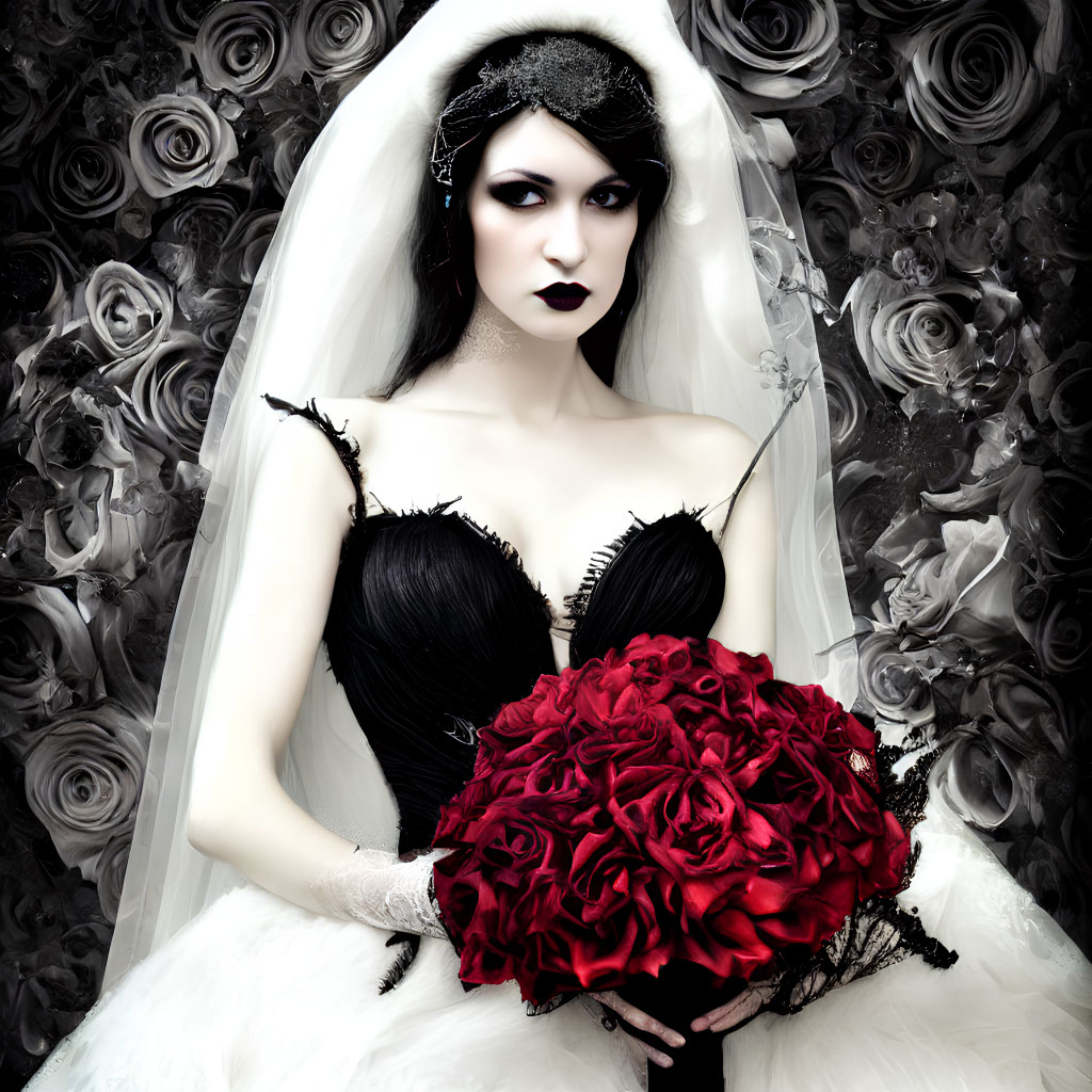 Gothic bride with dark makeup and red rose bouquet in dramatic setting