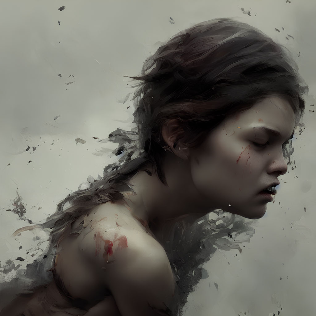 Digital painting of woman with somber expression and disintegrating effects on shoulder and hair against gray backdrop