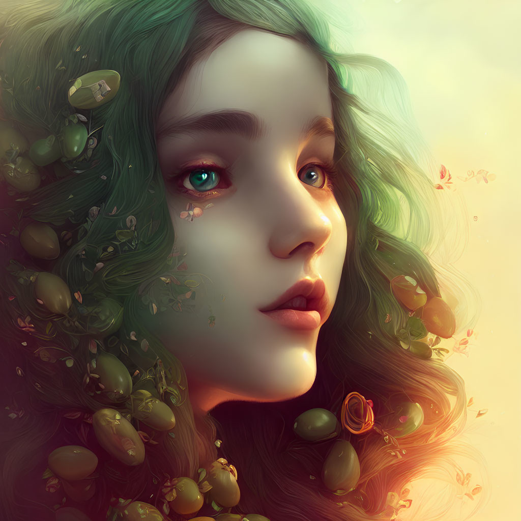 Woman's face digital art: green hair with leaves, flowers, vines