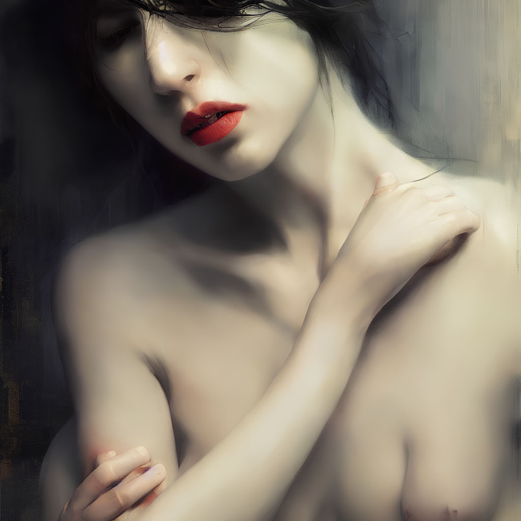 Pensive woman with red lipstick and dramatic background