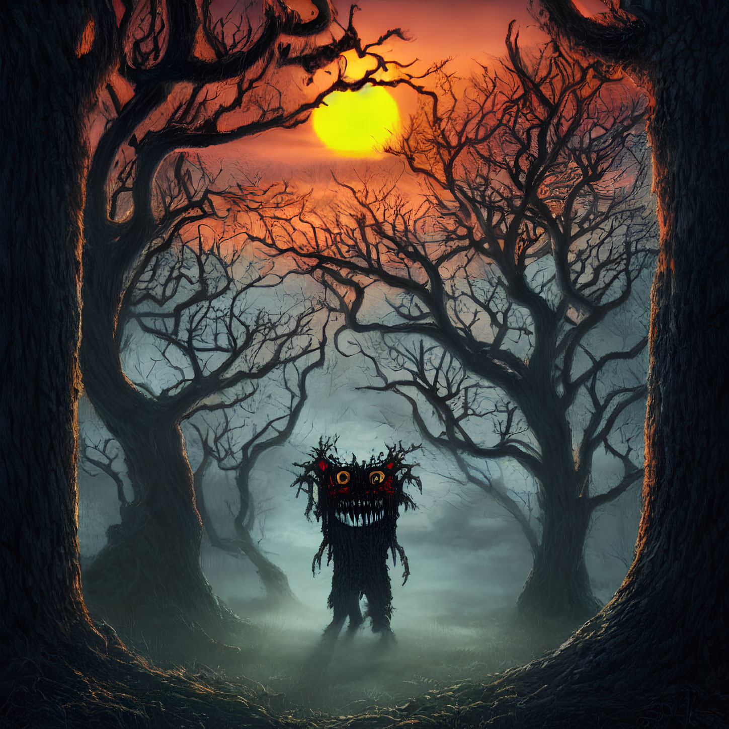 Twisted trees and fantastical creature in eerie forest sunset