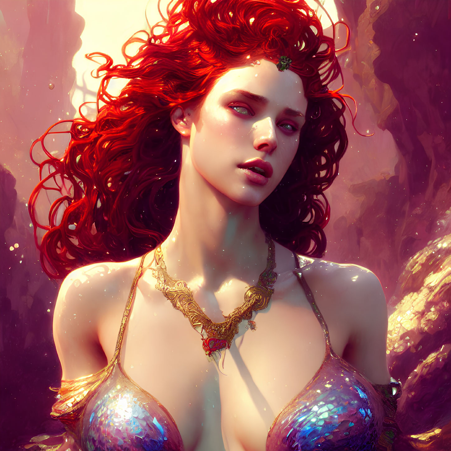 Digital artwork: Fantasy woman with red hair, gold crown, and necklace on rocky backdrop