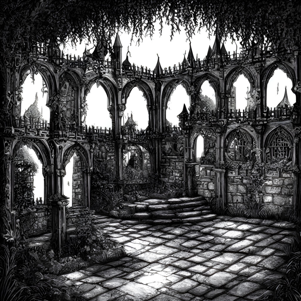 Monochrome illustration of abandoned gothic archway in dense foliage