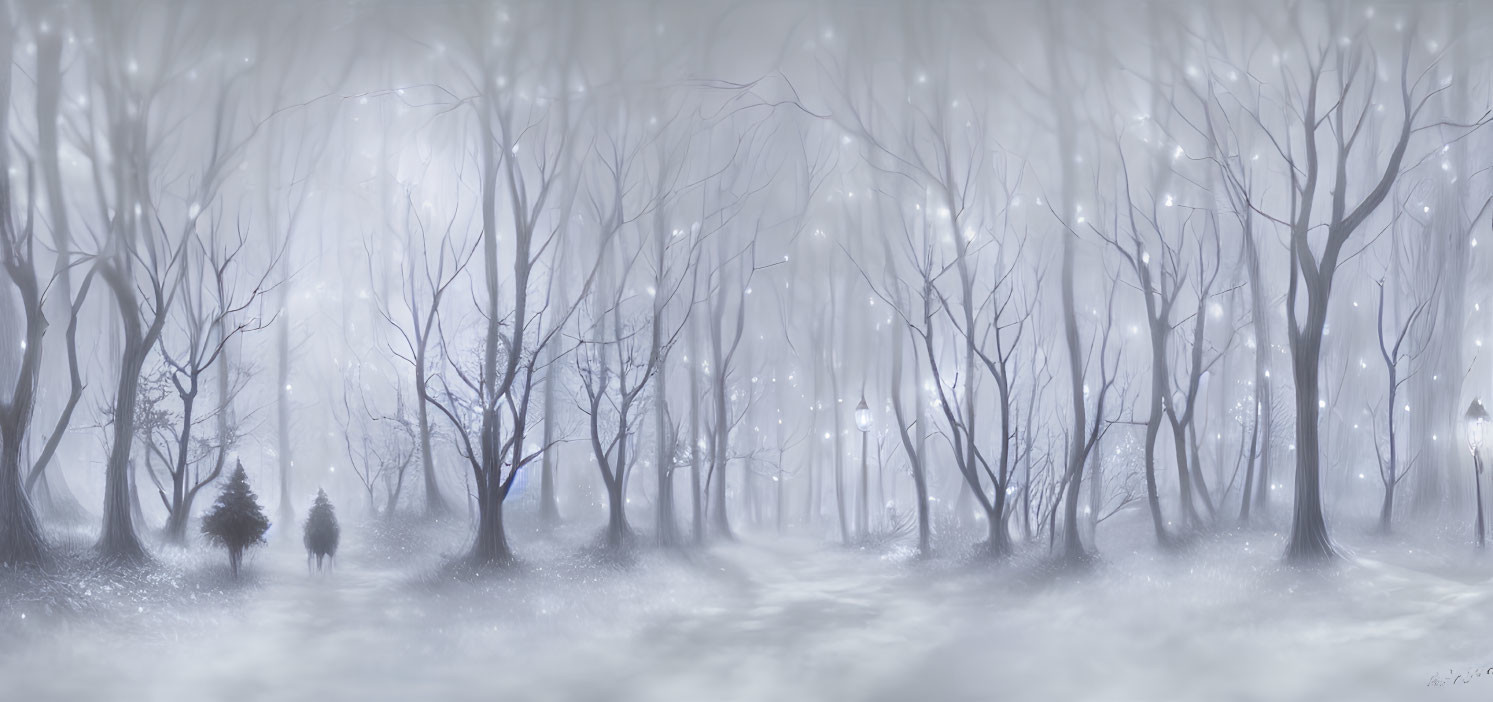 Misty forest with bare trees and glowing lights, lone figure walking.