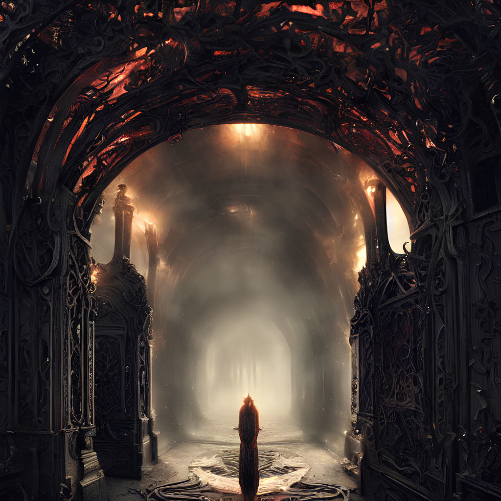 Mystical light illuminates figure at ornate tunnel entrance