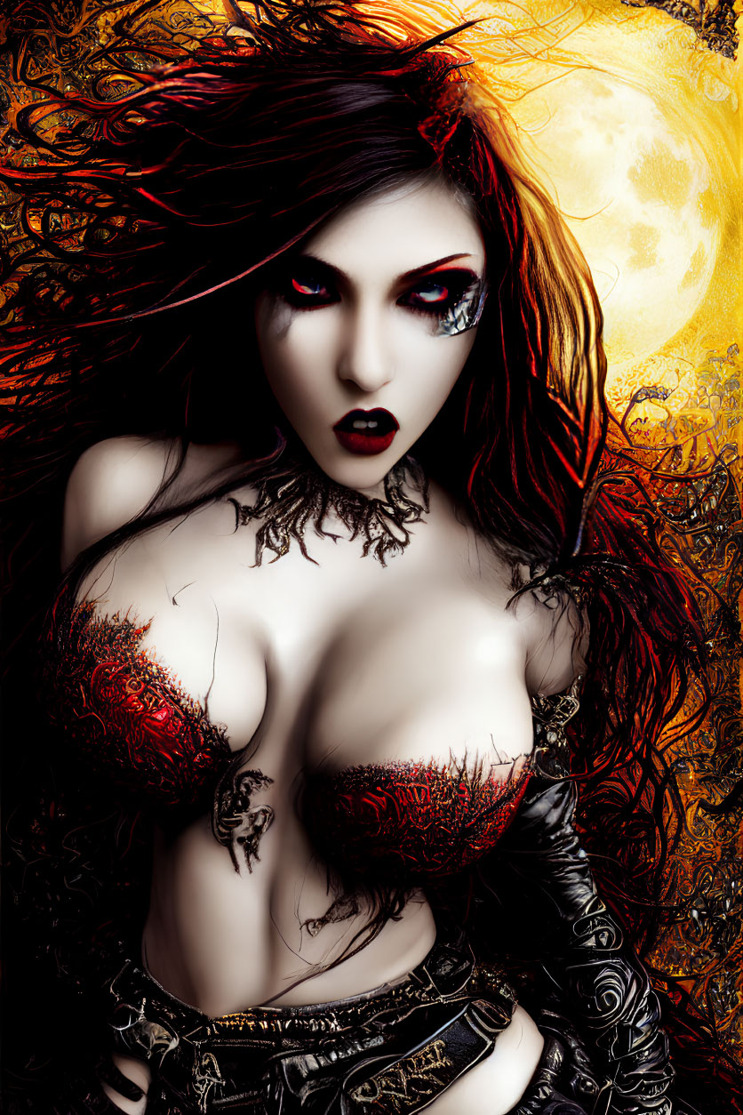 Fantasy-inspired digital artwork: Woman with red eyes and hair against orange moon