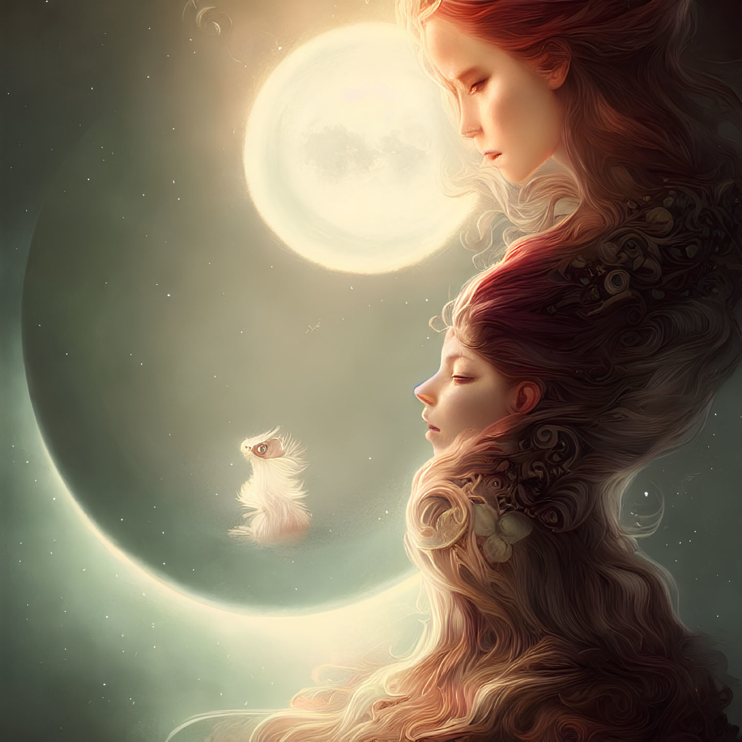 Ethereal women with ornate hair under crescent moon