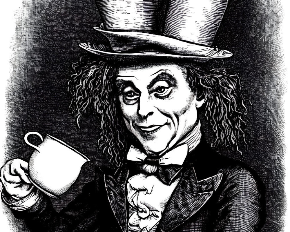 Monochrome drawing of a whimsical man with curly hair, top hat, and bow tie