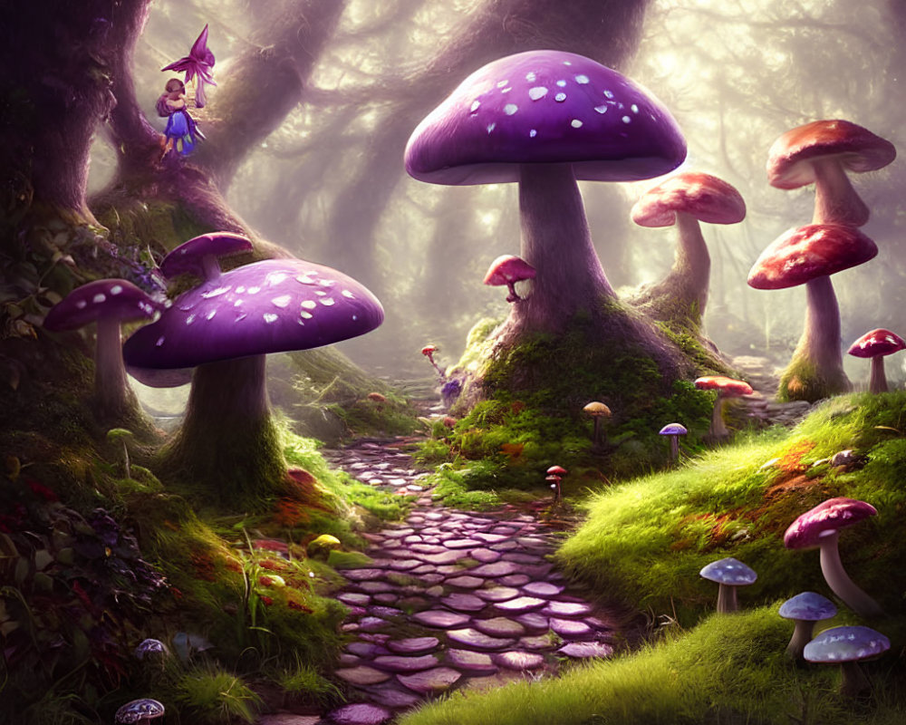 Mystical forest scene with oversized mushrooms and fairy in foggy glow