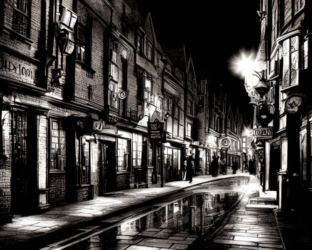 Vintage street lamps illuminate wet night street with old buildings.