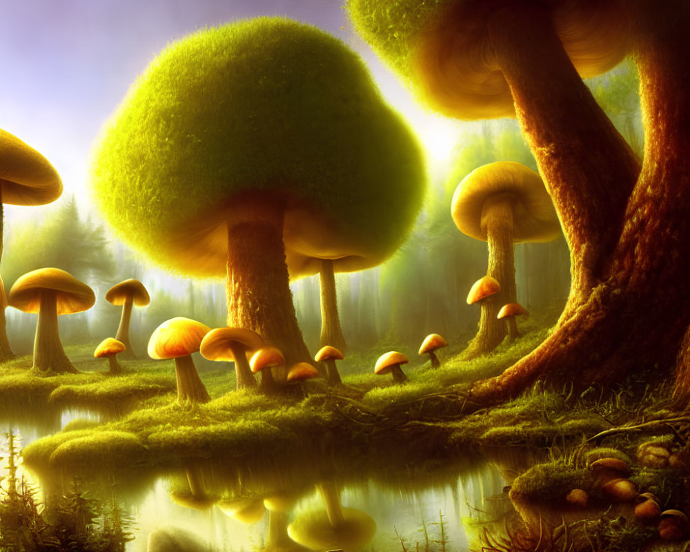 Enchanting forest landscape with giant mushroom trees by serene pond