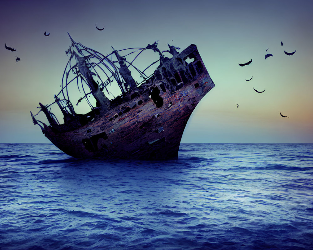 Ocean shipwreck at dusk with birds and gradient sky