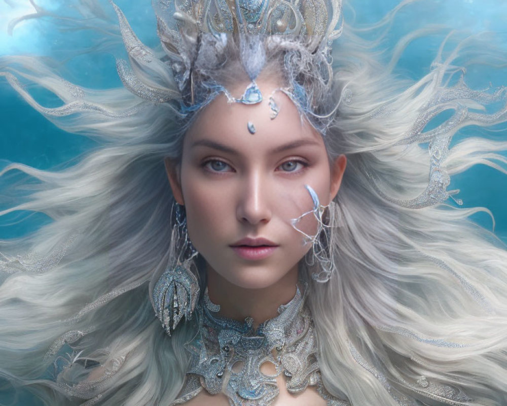 Fantasy portrait of woman with silver-white hair, intricate crown, jewels, and armor on blue backdrop