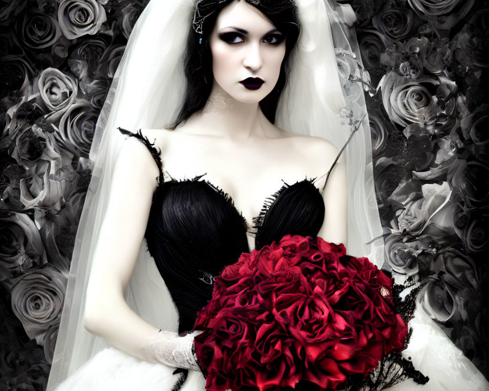 Gothic bride with dark makeup and red rose bouquet in dramatic setting