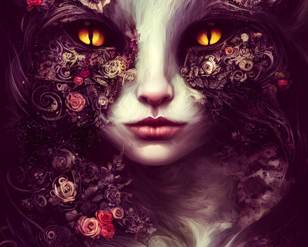 Person with Cat-Like Features and Floral Patterns in Surreal Image