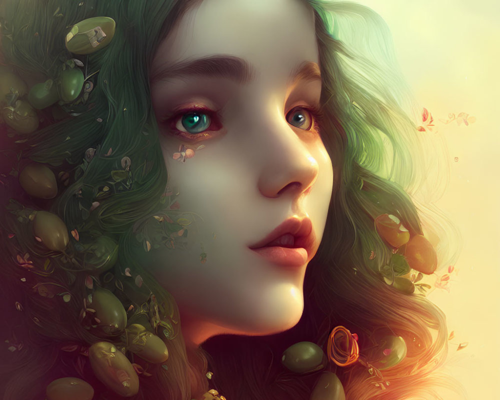 Woman's face digital art: green hair with leaves, flowers, vines