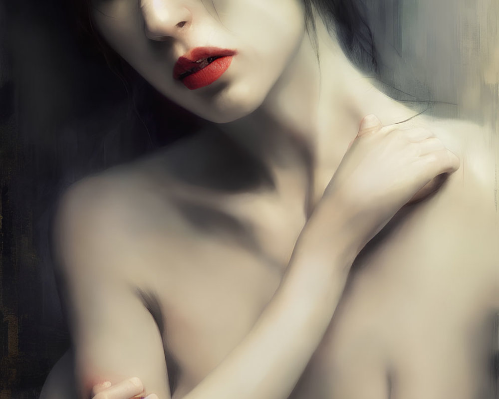 Pensive woman with red lipstick and dramatic background