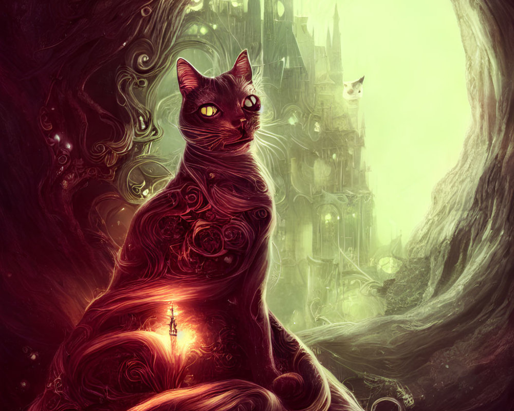 Black Cat with Red Eyes in Enchanted Forest with Castle