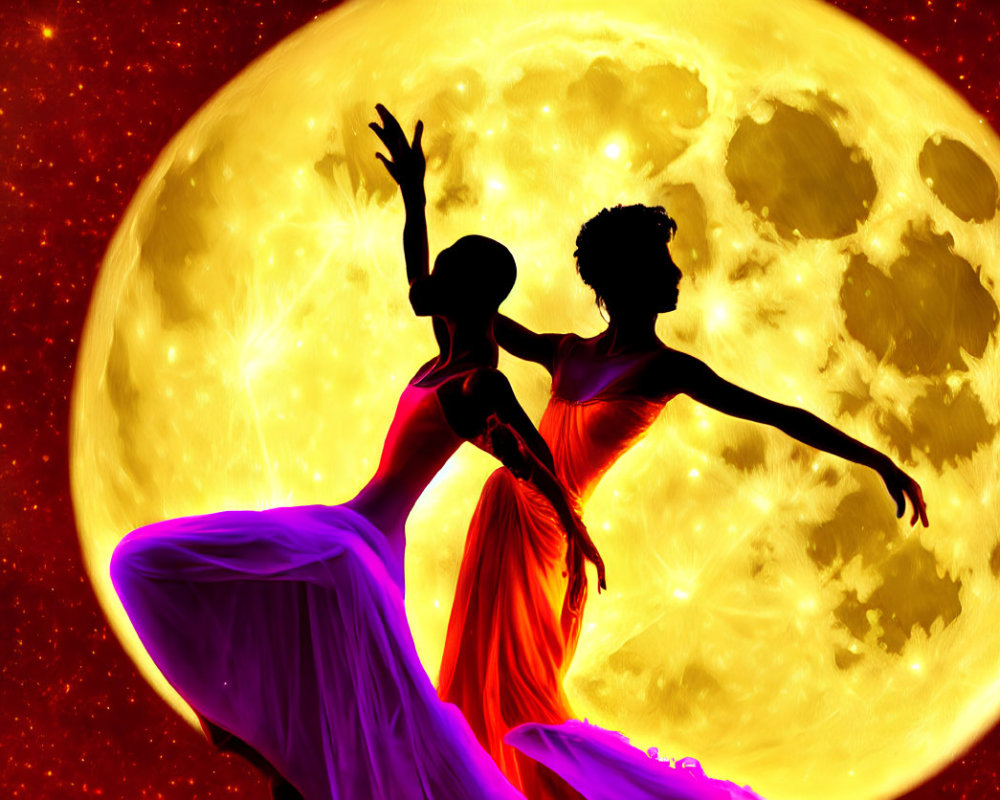 Two dancers in purple and red gowns pose against golden moon and starry sky