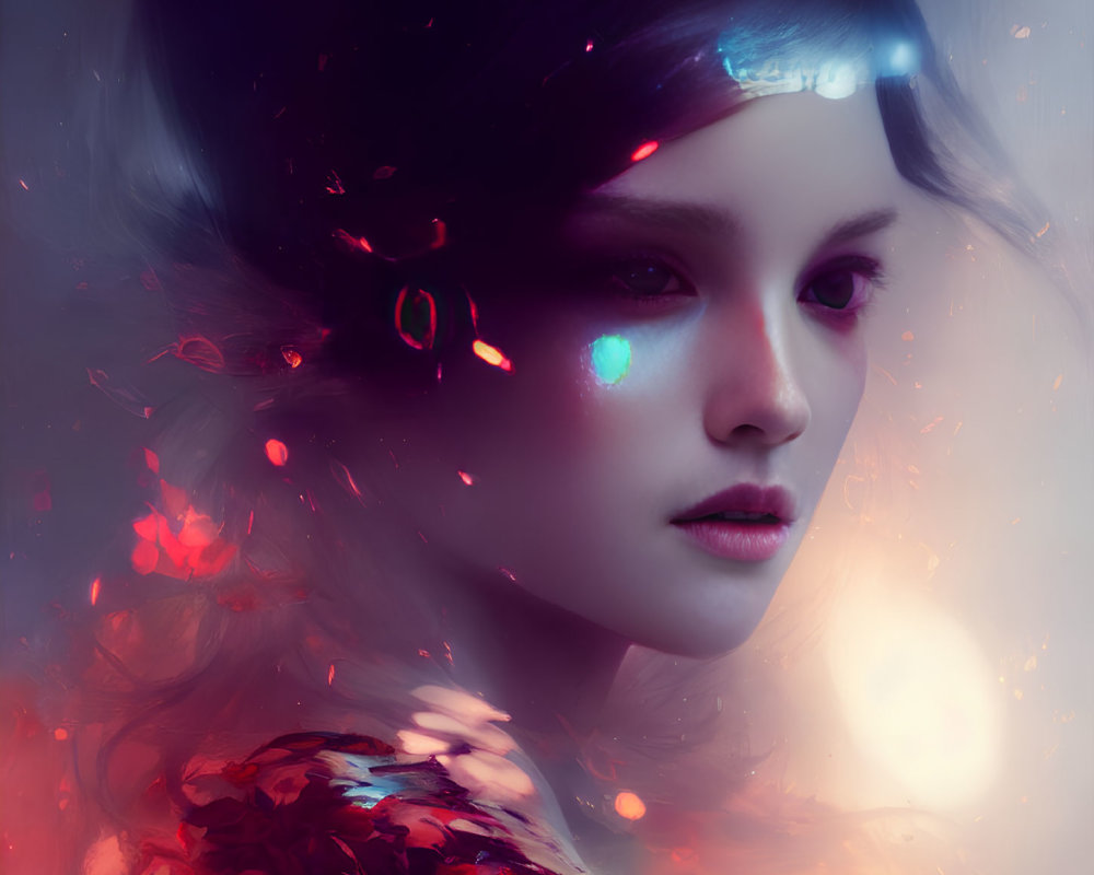 Futuristic glowing makeup portrait with red fragments on celestial backdrop