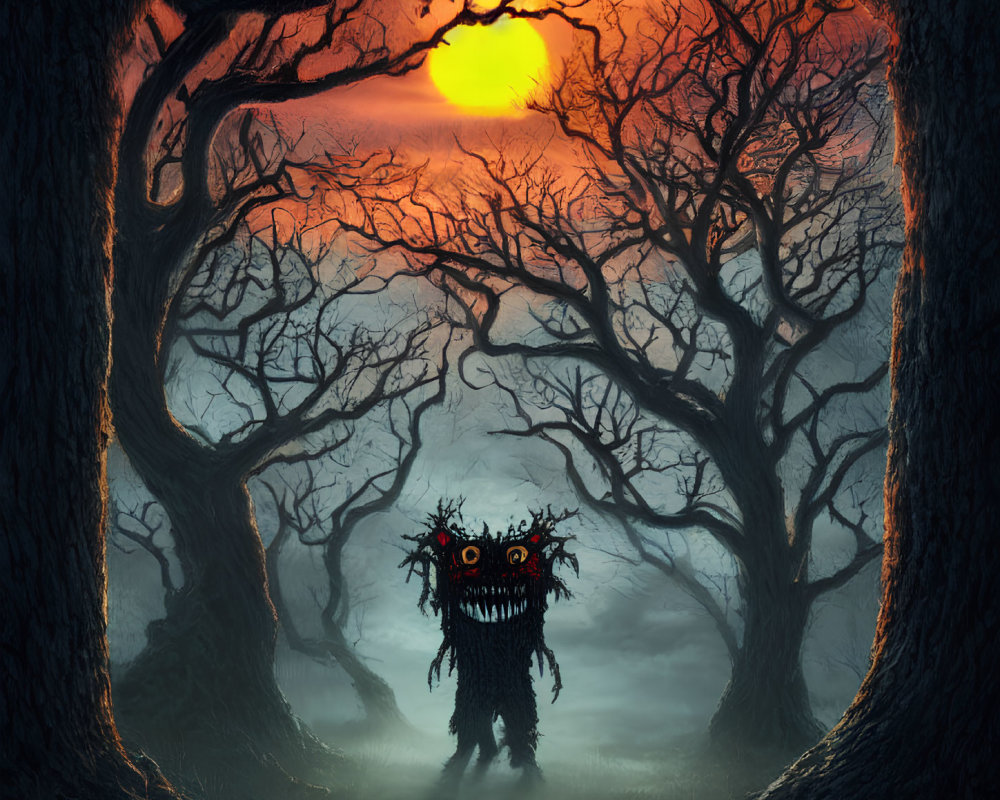 Twisted trees and fantastical creature in eerie forest sunset