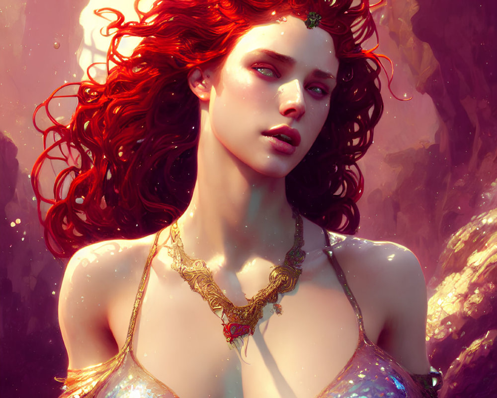 Digital artwork: Fantasy woman with red hair, gold crown, and necklace on rocky backdrop