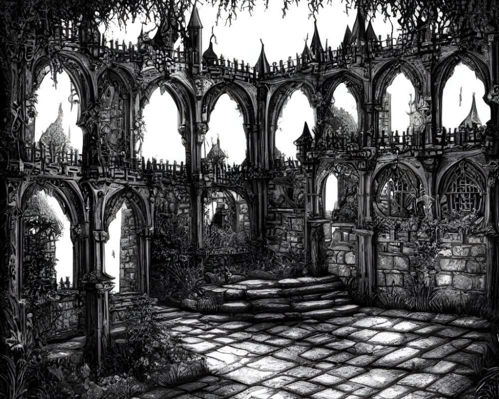 Monochrome illustration of abandoned gothic archway in dense foliage