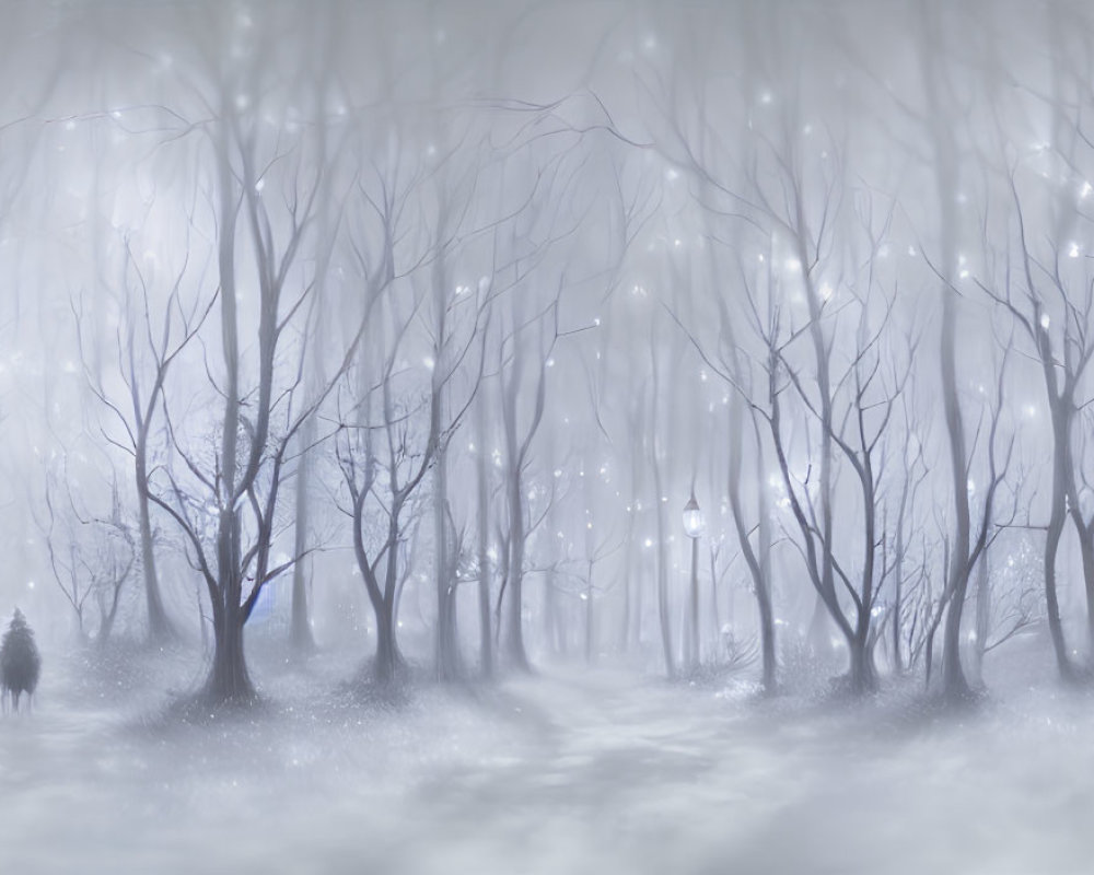 Misty forest with bare trees and glowing lights, lone figure walking.