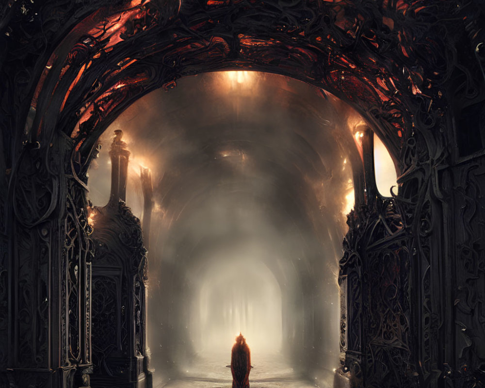 Mystical light illuminates figure at ornate tunnel entrance