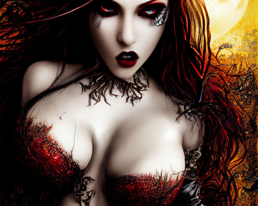 Fantasy-inspired digital artwork: Woman with red eyes and hair against orange moon