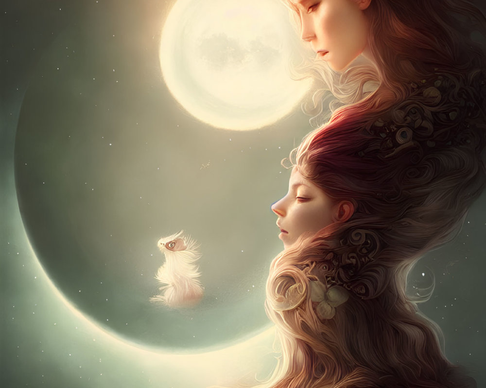 Ethereal women with ornate hair under crescent moon