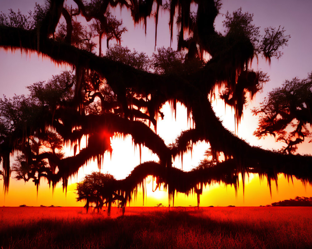 Vibrant sunset with sprawling tree silhouette and Spanish moss in fiery orange sky