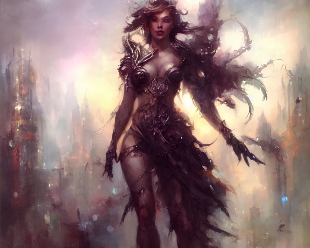 Female warrior with ethereal wings in ornate armor before misty cityscape